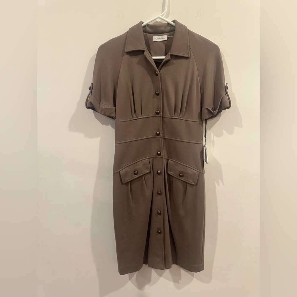 Calvin Klein Oatmeal Brown/Taupe Button-Front Midi Dress